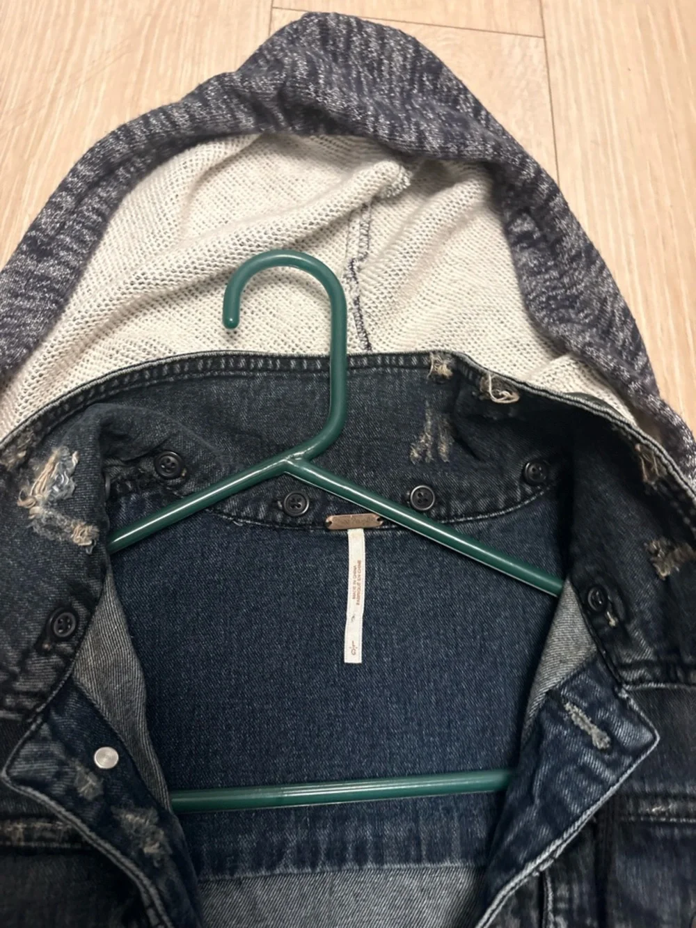 Free People Hooded Mixed-Media Jean Jacket in Dark Blue and Heather Gray - Picture 6 of 9